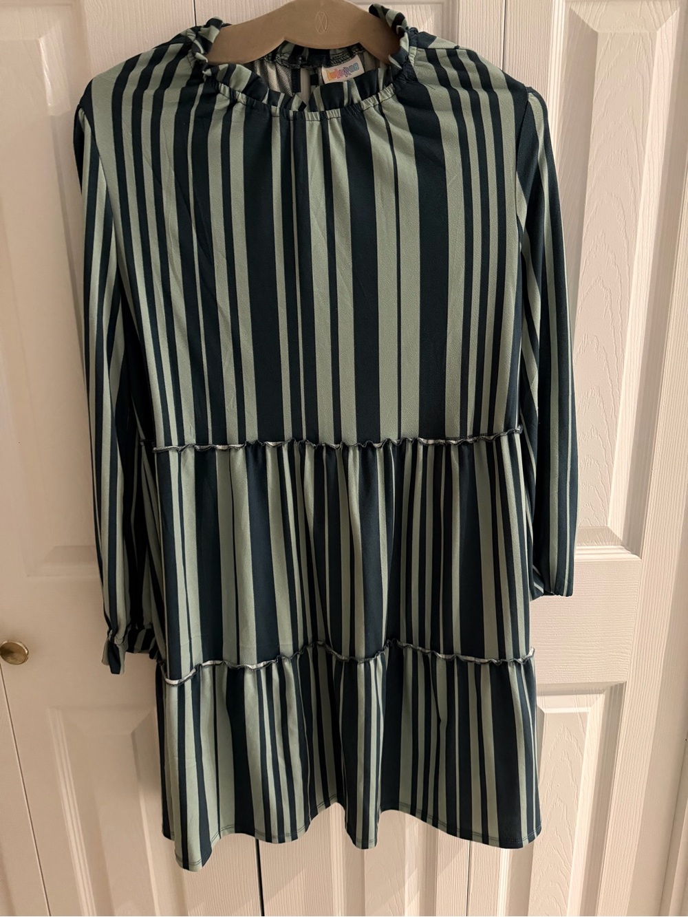 Striped Tiered dress in Dark Green and Light Mint